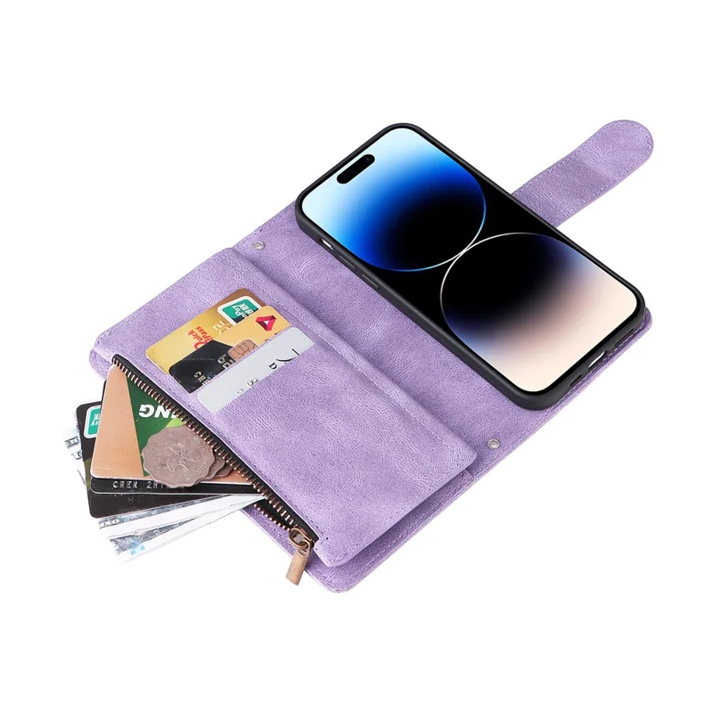 For iPhone 15 Pro Max Zipper Pocket Phone Case Imprinted Skin-touch Wallet Stand PU Leather Cover with Multiple Card Slots - Purple