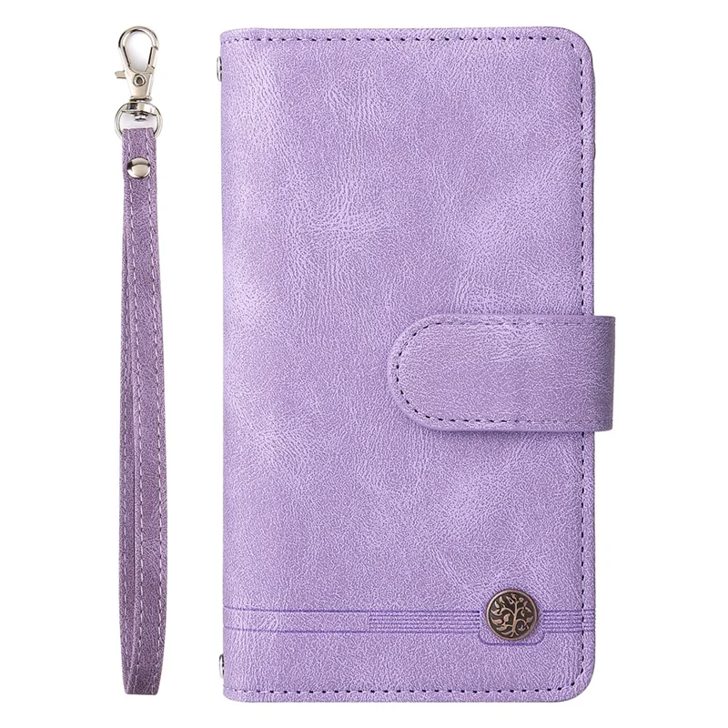 For iPhone 15 Pro Max Zipper Pocket Phone Case Imprinted Skin-touch Wallet Stand PU Leather Cover with Multiple Card Slots - Purple