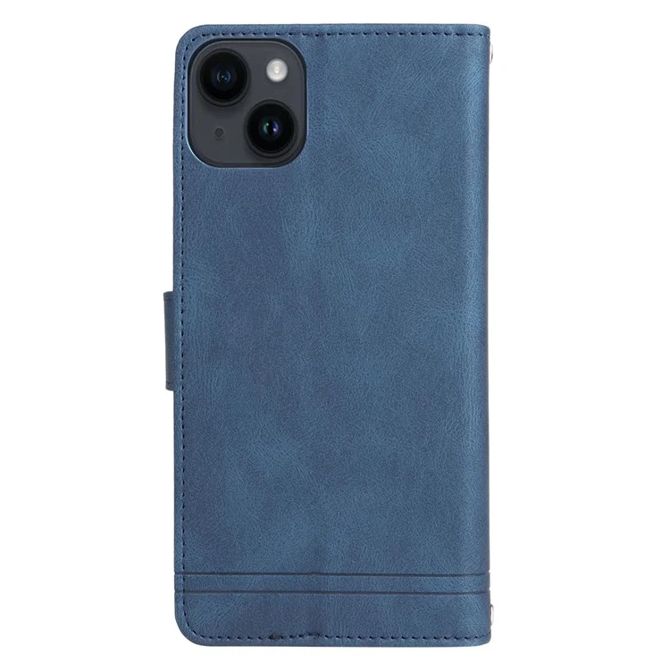 Pour iPhone 15 Plus Zipper Pocket Phone Case Imprinted Skin-touch Wallet Stand Multiple Card Slots PU Leather Cover - Bleu