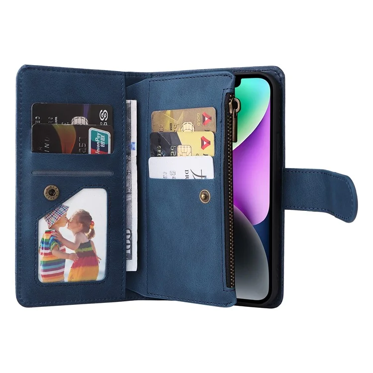Pour iPhone 15 Plus Zipper Pocket Phone Case Imprinted Skin-touch Wallet Stand Multiple Card Slots PU Leather Cover - Bleu