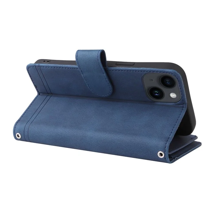Pour iPhone 15 Plus Zipper Pocket Phone Case Imprinted Skin-touch Wallet Stand Multiple Card Slots PU Leather Cover - Bleu