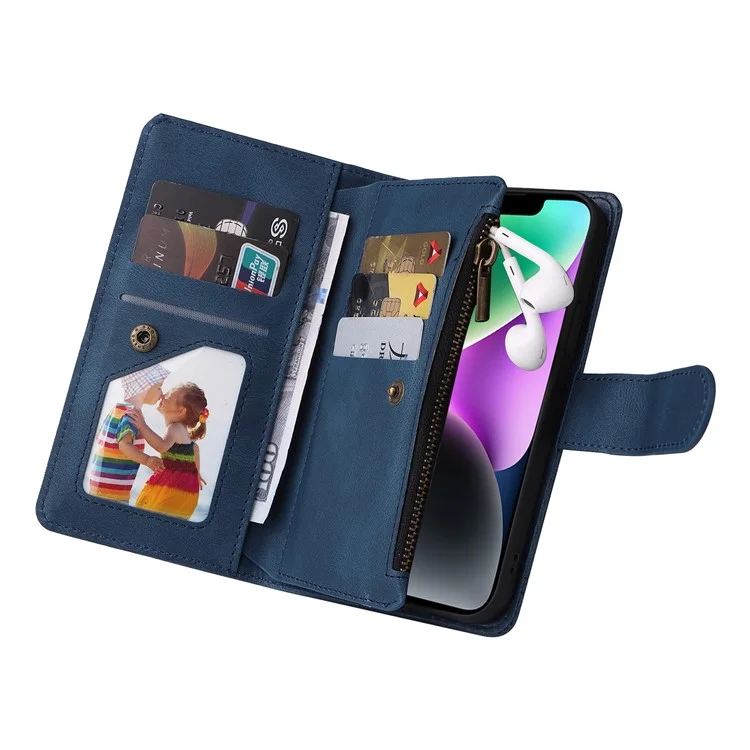 Pour iPhone 15 Plus Zipper Pocket Phone Case Imprinted Skin-touch Wallet Stand Multiple Card Slots PU Leather Cover - Bleu