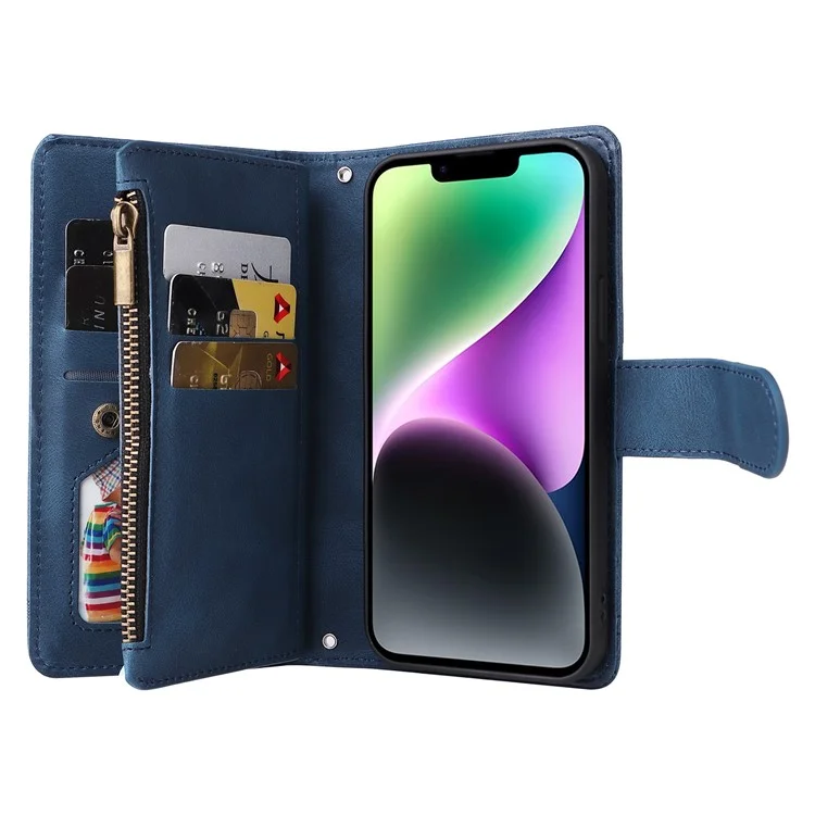 Pour iPhone 15 Plus Zipper Pocket Phone Case Imprinted Skin-touch Wallet Stand Multiple Card Slots PU Leather Cover - Bleu