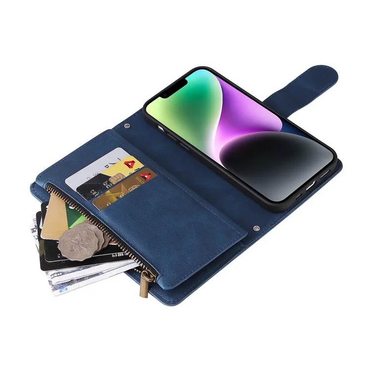 Pour iPhone 15 Plus Zipper Pocket Phone Case Imprinted Skin-touch Wallet Stand Multiple Card Slots PU Leather Cover - Bleu