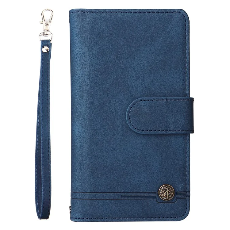 Pour iPhone 15 Plus Zipper Pocket Phone Case Imprinted Skin-touch Wallet Stand Multiple Card Slots PU Leather Cover - Bleu