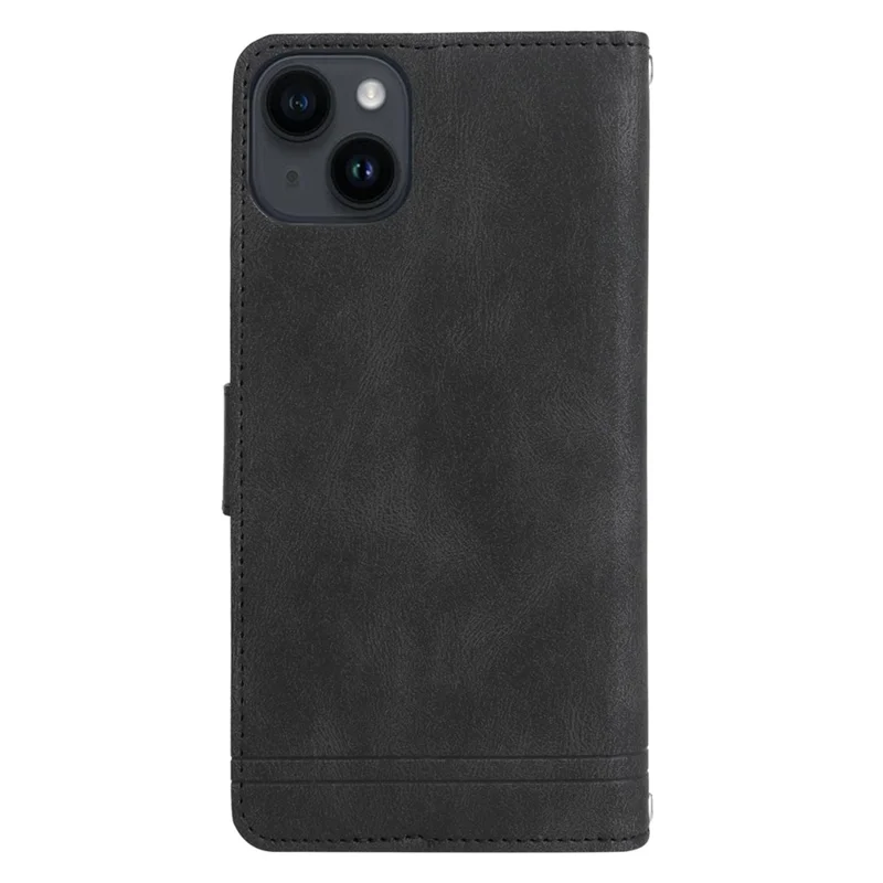 For iPhone 15 Plus Zipper Pocket Phone Case Imprinted Skin-touch Wallet Stand Multiple Card Slots PU Leather Cover - Black