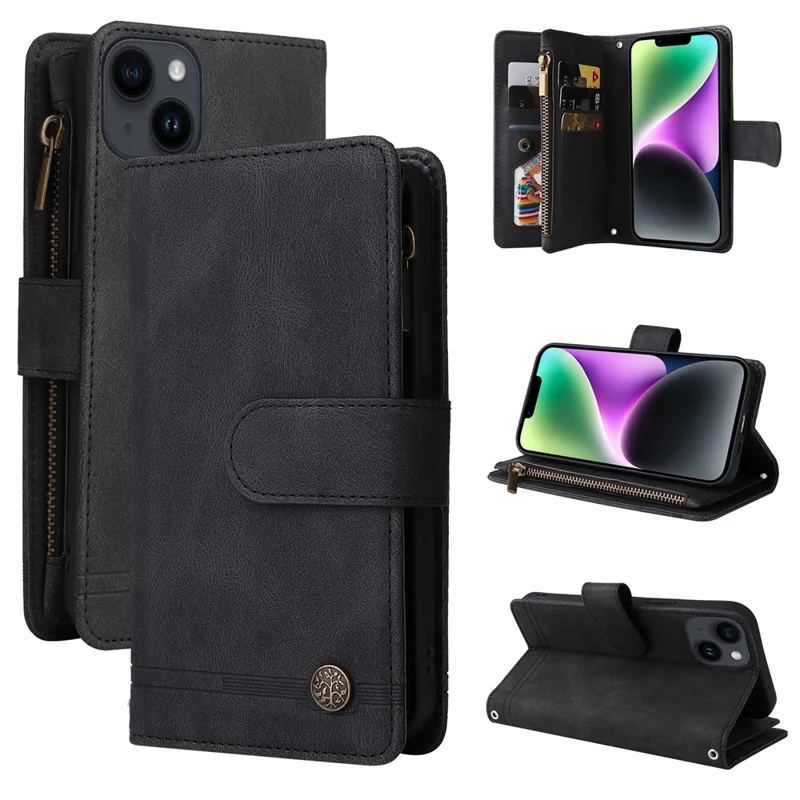 For iPhone 15 Plus Zipper Pocket Phone Case Imprinted Skin-touch Wallet Stand Multiple Card Slots PU Leather Cover - Black