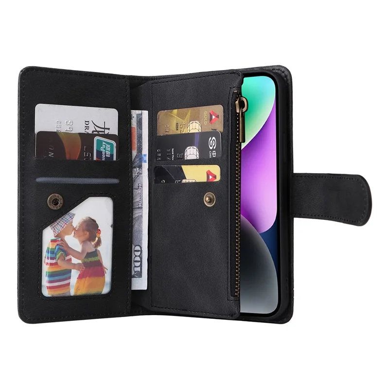 For iPhone 15 Plus Zipper Pocket Phone Case Imprinted Skin-touch Wallet Stand Multiple Card Slots PU Leather Cover - Black