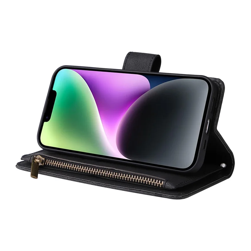 For iPhone 15 Plus Zipper Pocket Phone Case Imprinted Skin-touch Wallet Stand Multiple Card Slots PU Leather Cover - Black