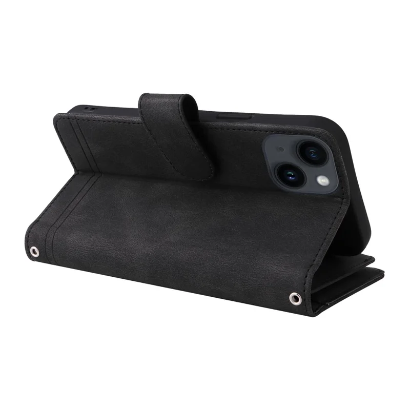 For iPhone 15 Plus Zipper Pocket Phone Case Imprinted Skin-touch Wallet Stand Multiple Card Slots PU Leather Cover - Black