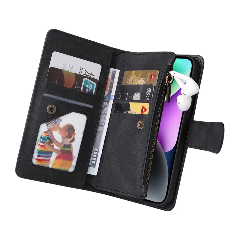 For iPhone 15 Plus Zipper Pocket Phone Case Imprinted Skin-touch Wallet Stand Multiple Card Slots PU Leather Cover - Black