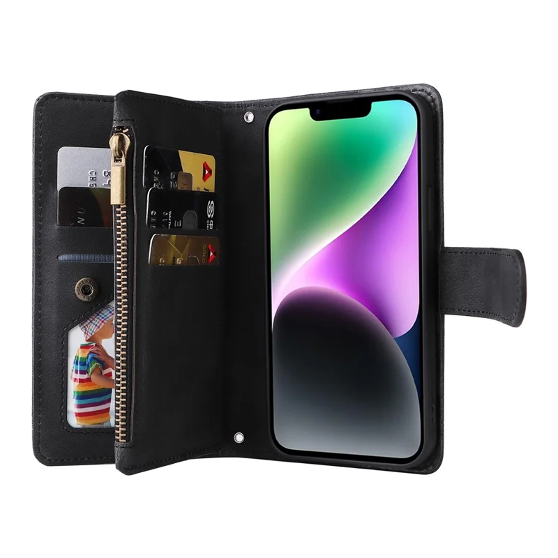 For iPhone 15 Plus Zipper Pocket Phone Case Imprinted Skin-touch Wallet Stand Multiple Card Slots PU Leather Cover - Black