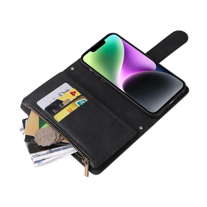 For iPhone 15 Plus Zipper Pocket Phone Case Imprinted Skin-touch Wallet Stand Multiple Card Slots PU Leather Cover - Black