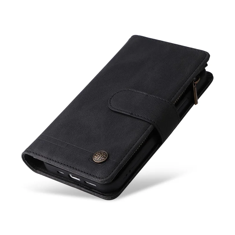 For iPhone 15 Plus Zipper Pocket Phone Case Imprinted Skin-touch Wallet Stand Multiple Card Slots PU Leather Cover - Black