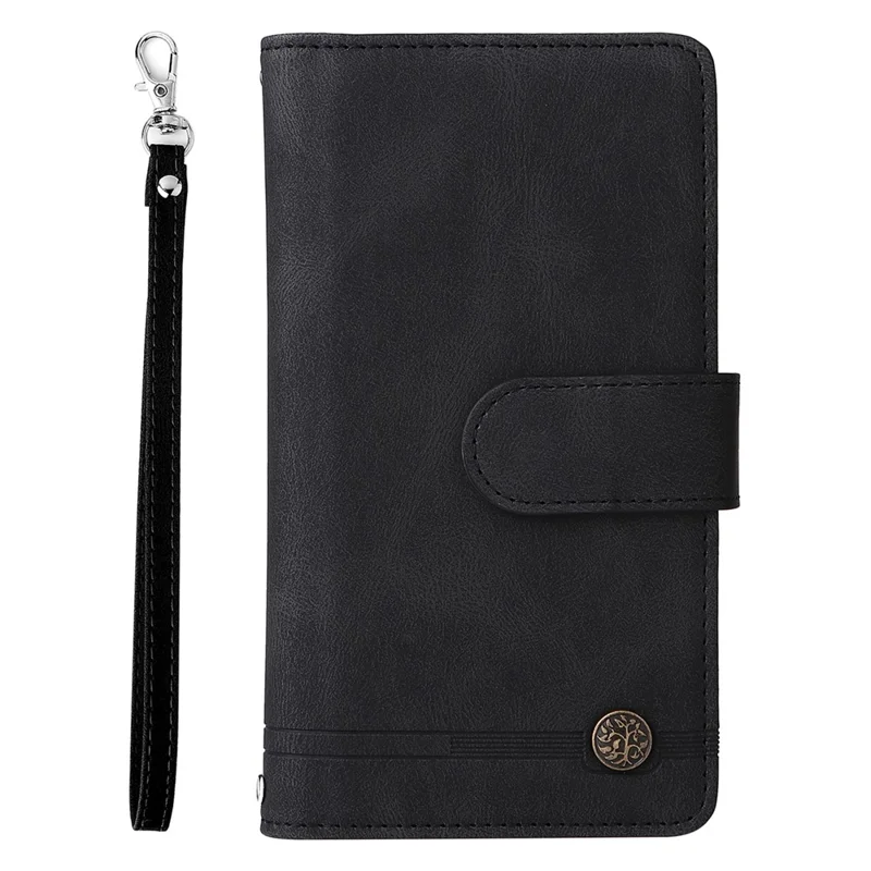 For iPhone 15 Plus Zipper Pocket Phone Case Imprinted Skin-touch Wallet Stand Multiple Card Slots PU Leather Cover - Black