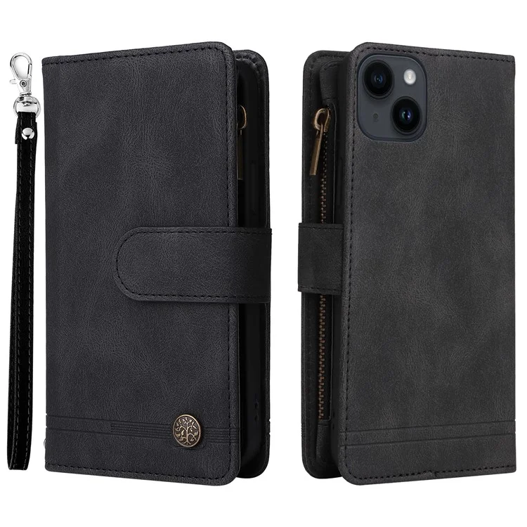 Skin-touch Phone Case for iPhone 15 Zipper Pocket Imprinted Wallet Stand Multiple Card Slots PU Leather Cover - Black