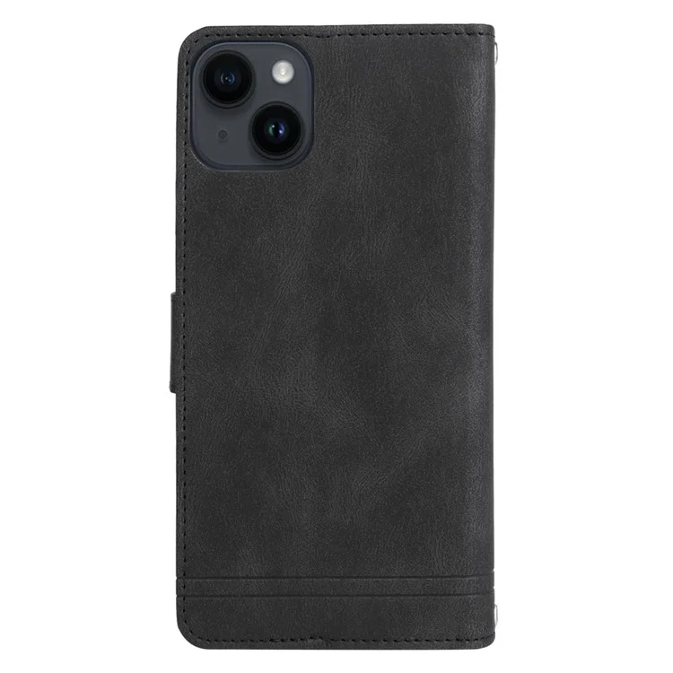 Skin-touch Phone Case for iPhone 15 Zipper Pocket Imprinted Wallet Stand Multiple Card Slots PU Leather Cover - Black