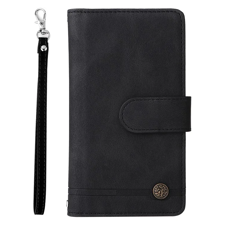 Skin-touch Phone Case for iPhone 15 Zipper Pocket Imprinted Wallet Stand Multiple Card Slots PU Leather Cover - Black