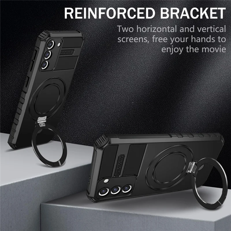 For Samsung Galaxy S21+ 5G Magnetic Metal Ring Cell Phone Case PC+TPU Phone Shell Kickstand Cover - Black