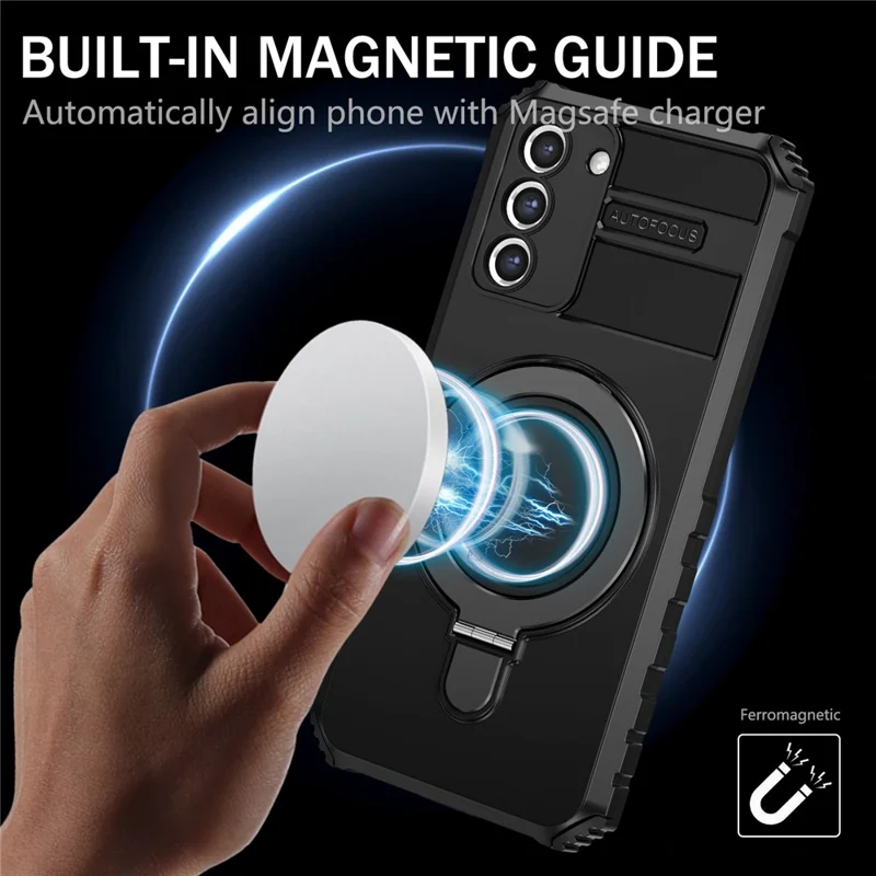 For Samsung Galaxy S21+ 5G Magnetic Metal Ring Cell Phone Case PC+TPU Phone Shell Kickstand Cover - Black