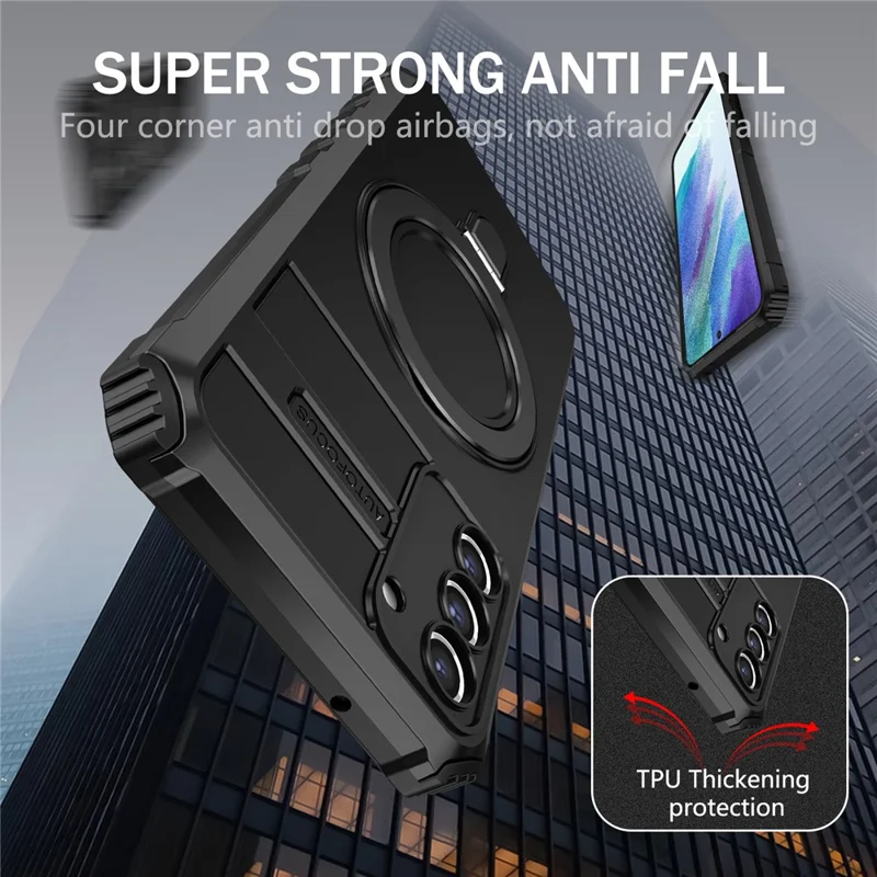 For Samsung Galaxy S21 FE 5G Cell Phone Case PC+TPU Magnetic Metal Ring Kickstand Cover - Black