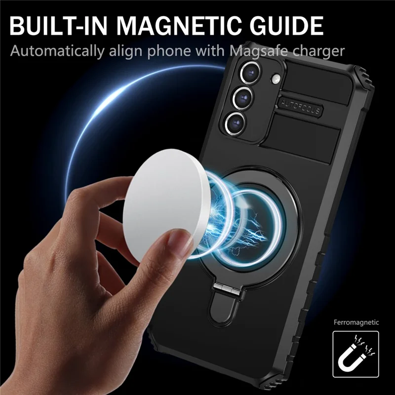 For Samsung Galaxy S21 FE 5G Cell Phone Case PC+TPU Magnetic Metal Ring Kickstand Cover - Black