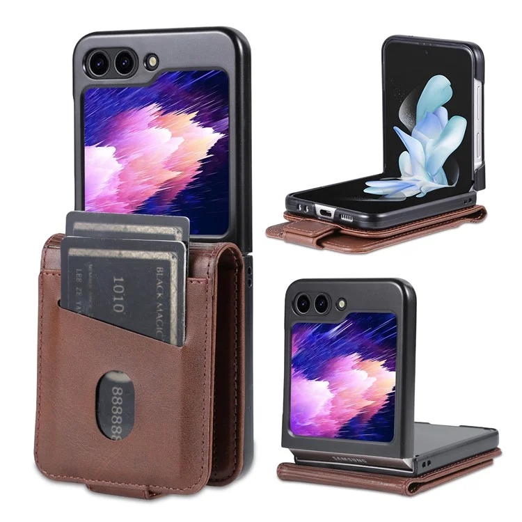 AZNS For Samsung Galaxy Z Flip5 5G Leather Phone Case Card Holder Phone Cover - Coffee