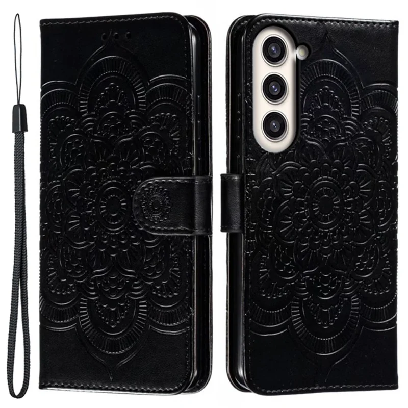Para Samsung Galaxy S23+ Imprinting Mandala Flower Phone Cover Flip PU Leather Stand Protective Case - Negro