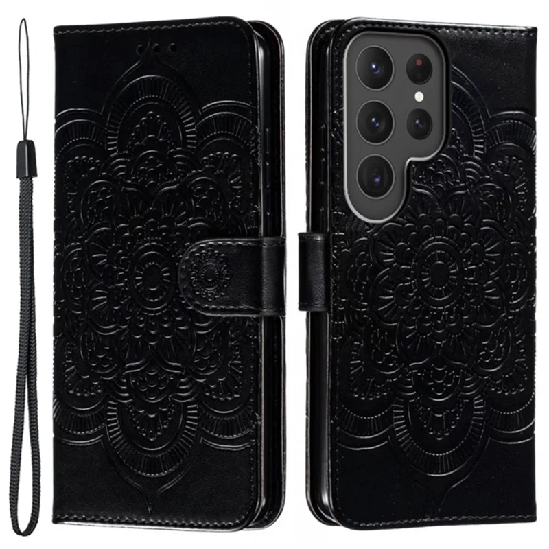 Phone Shell Case For Samsung Galaxy S23 Ultra , Imprinting Mandala Flower Flip PU Leather Stand Protective Cover - Black