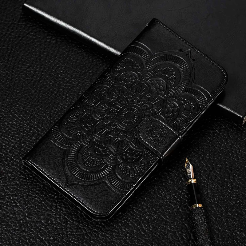 Phone Shell Case For Samsung Galaxy S23 Ultra , Imprinting Mandala Flower Flip PU Leather Stand Protective Cover - Black