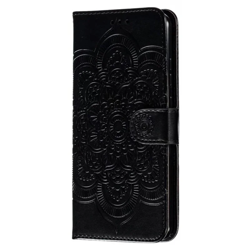 Phone Shell Case For Samsung Galaxy S23 Ultra , Imprinting Mandala Flower Flip PU Leather Stand Protective Cover - Black