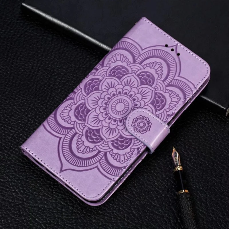 Para Samsung Galaxy A04e 4G / M04 4G / F04 4G Capa Protetora de Telefone Flip PU de Couro Magnético com Estampa de Flor de Mandala - Roxo