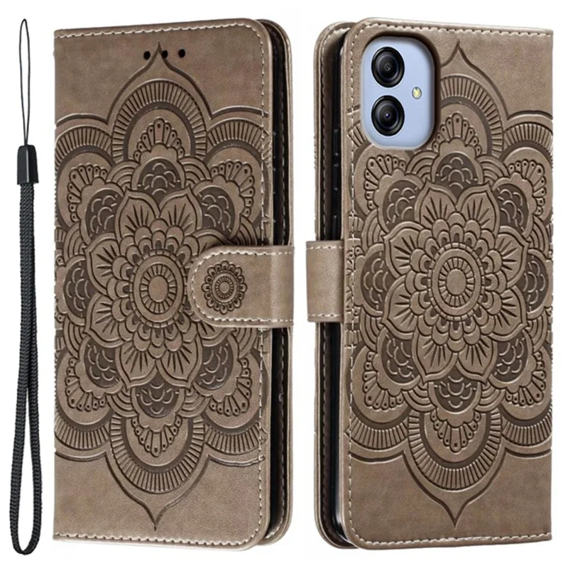 Für Samsung Galaxy A04e 4G / M04 4G / F04 4G Ständer-Handyhülle Prägung Mandala-Blume Klapptasche PU-Leder Magnetischer Schutzbezug - Grau