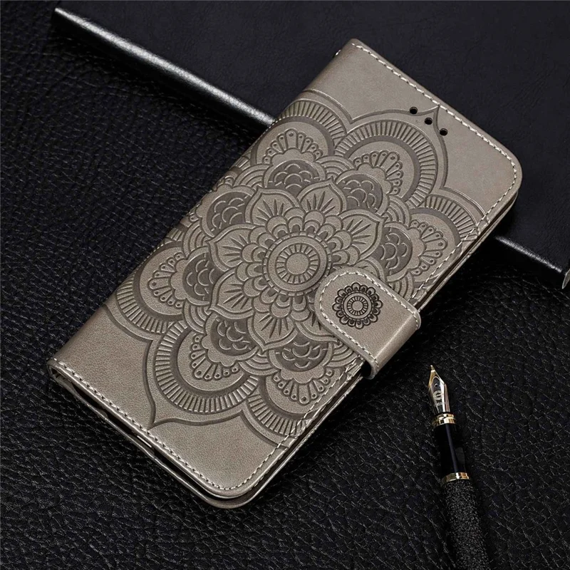 Für Samsung Galaxy A04e 4G / M04 4G / F04 4G Ständer-Handyhülle Prägung Mandala-Blume Klapptasche PU-Leder Magnetischer Schutzbezug - Grau