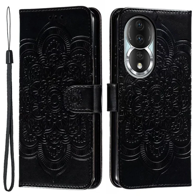 Pour Honor 80 5G Flip Phone Cover Imprinting Mandala Flower Anti-scratch PU Leather+TPU Stand Magnetic Case - Black