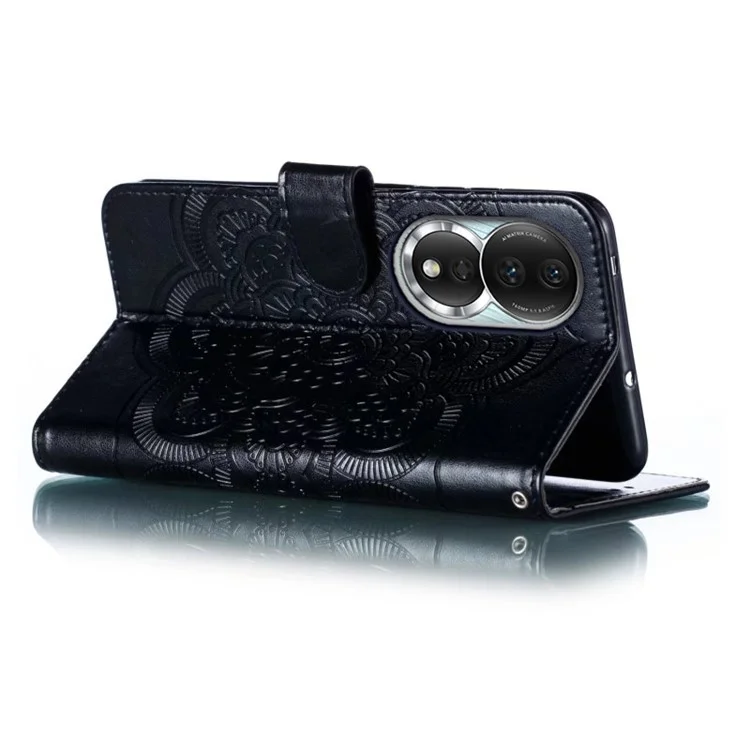 Pour Honor 80 5G Flip Phone Cover Imprinting Mandala Flower Anti-scratch PU Leather+TPU Stand Magnetic Case - Black