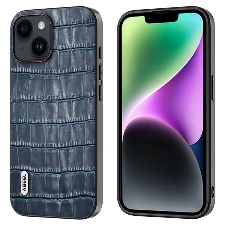 ABEEL Para iPhone 14 Funda de teléfono de textura de cocodrilo de cuero de vacuno + TPU + Cubierta híbrida de PC - Azul