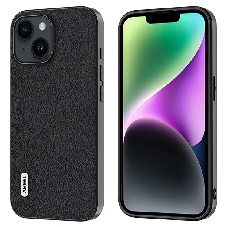 ABEEL For iPhone 14 Plus Phone Case Cowhide Leather Coated PC+TPU Fine Litchi Texture Back Cover - Black