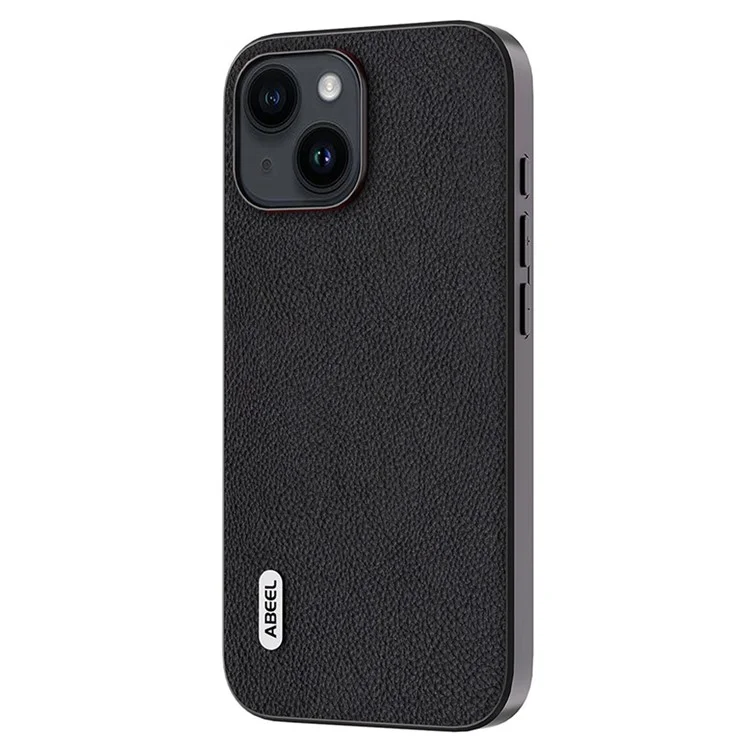 ABEEL For iPhone 14 Plus Phone Case Cowhide Leather Coated PC+TPU Fine Litchi Texture Back Cover - Black