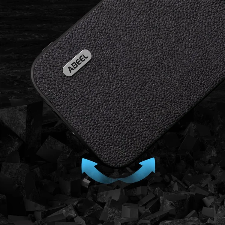 ABEEL For iPhone 14 Plus Phone Case Cowhide Leather Coated PC+TPU Fine Litchi Texture Back Cover - Black