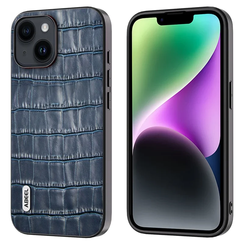 ABEEL Für iPhone 14 Plus Stoßfestes Krokodilleder-Telefon-Case Rindsleder + TPU + PC-Hybrid-Cover - Blau