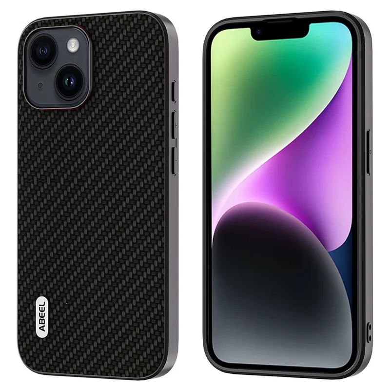 ABEEL Für iPhone 14 Plus Carbon Fiber Texture Telefon-Rückseiten-Gehäuse PU-Leder beschichtet PC+TPU Cover - Schwarz