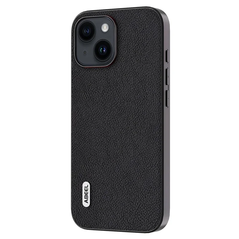 ABEEL Cowhide Leather Coated PC+TPU Case for iPhone 15 Litchi Texture Shockproof Phone Cover - Black