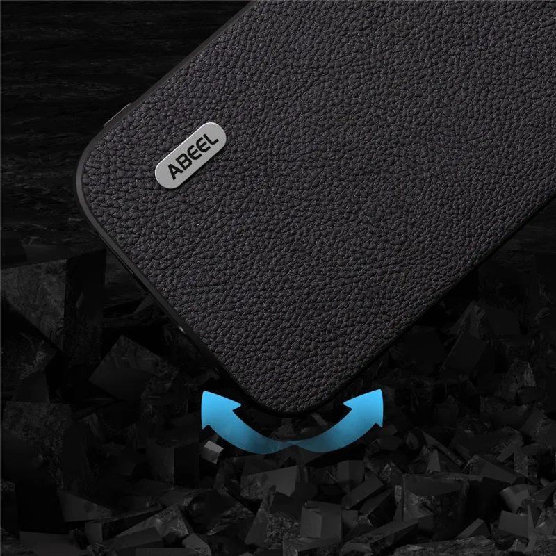 ABEEL Cowhide Leather Coated PC+TPU Case for iPhone 15 Litchi Texture Shockproof Phone Cover - Black