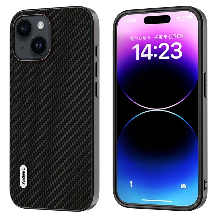 ABEEL Carbon Fiber Texture Phone Case for iPhone 15 , PU Leather Coated PC+TPU Phone Cover - Black