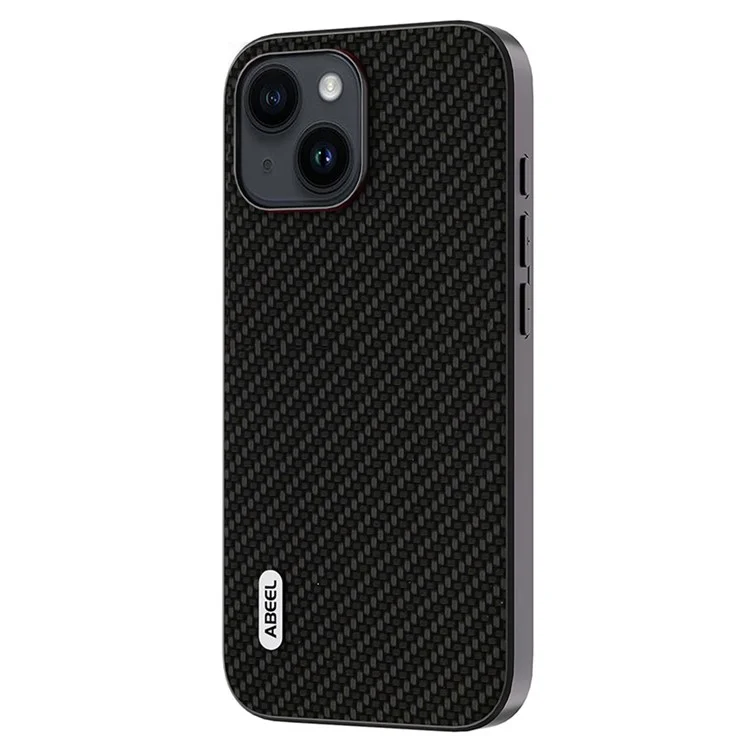 ABEEL Carbon Fiber Texture Phone Case for iPhone 15 , PU Leather Coated PC+TPU Phone Cover - Black