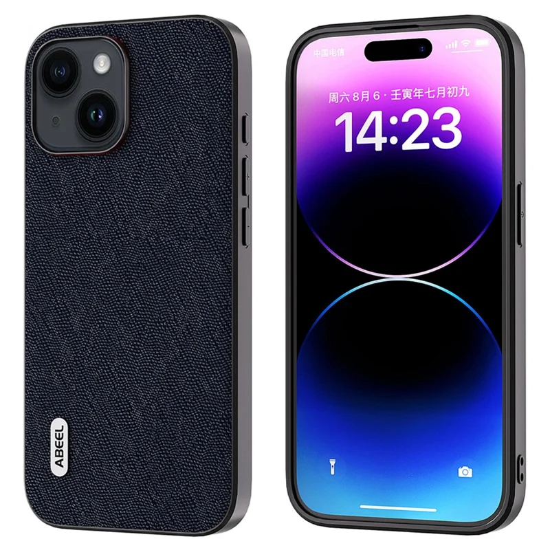 ABEEL til iPhone 15 Anti-kridt telefonbeskyttelse i kovlæder + PC + TPU Krydsmønster telefoncover - Blå