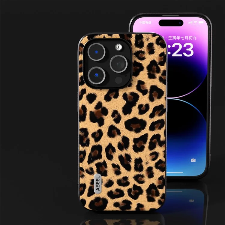 ABEEL Per iPhone 14 Pro Custodia telefonica antiurto in pelle PU rivestita in TPU + PC con texture leopardata - Champagne Gold