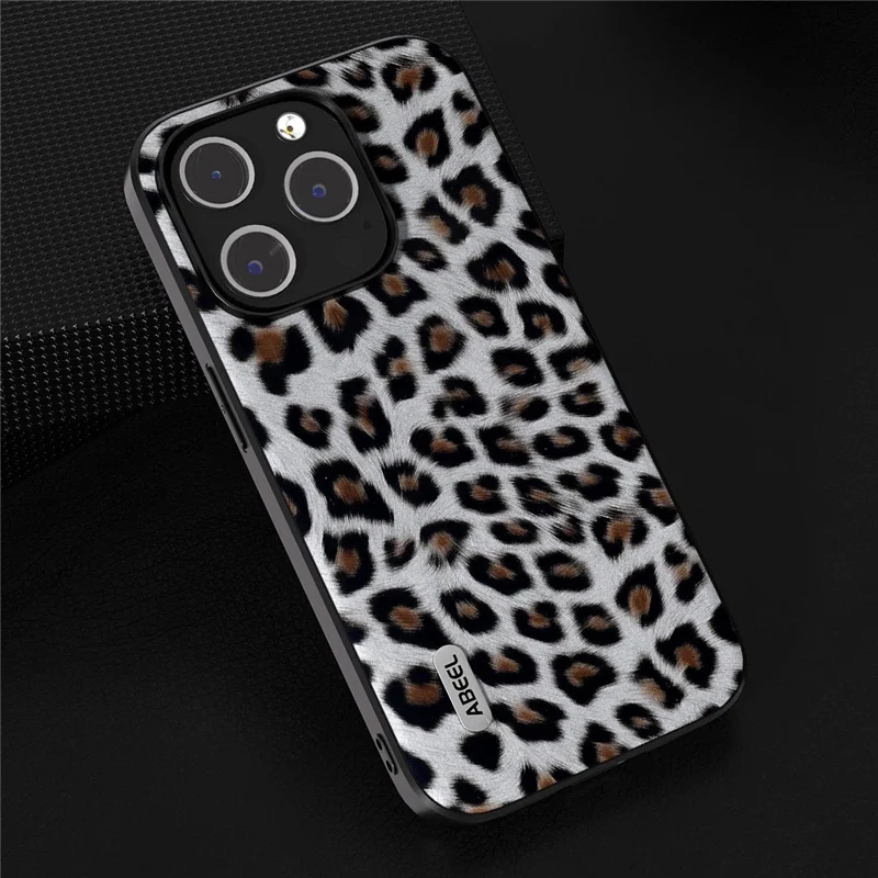 ABEEL Para iPhone 14 Pro Capa de telefone à prova de choque de couro PU revestido de TPU + Caso de textura de pele de leopardo PC - Prata