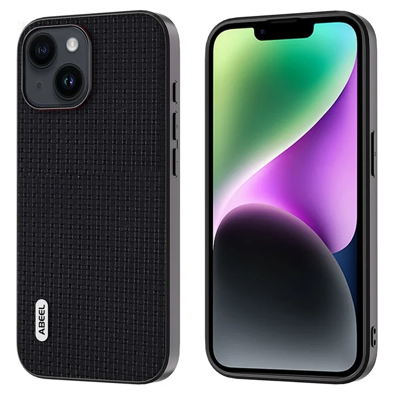 ABEEL For iPhone 14 Shockproof Phone Cover Luxury Textured Cowhide Leather Coated PC+TPU Case - Black